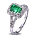 thumbnail image 1 of Halo Art Deco 2 Carat Split Shank Green Emerald 7x5mm Emerald Cut Diamond Moissanite Engagement Ring in 10k White Gold, 1 of 5