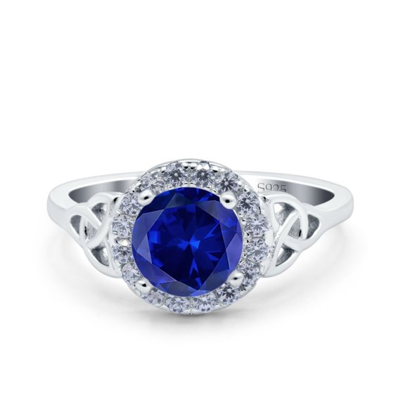 Halo Art Deco Celtic Wedding Ring Round Blue Sapphire CZ 925 Sterling Silver Size 5