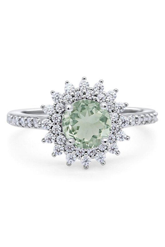 Halo Art Deco Natural Green Amethyst Prasiolite Halo Wedding Round Ring 925 Sterling Silver Size 9