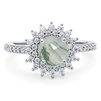 Halo Art Deco Natural Green Moss Agate Halo Wedding Round Ring 925 Sterling Silver Size 5