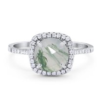 Halo Art Deco Natural Green Moss Agate Round Wedding Ring 925 Sterling Silver Size 5