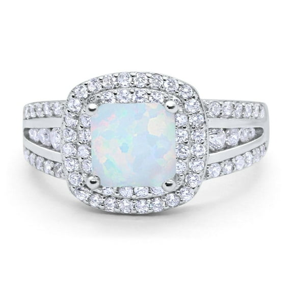 Halo Art Deco Ring Princess Cut Lab Created White Opal 925 Sterling Silver Size 5