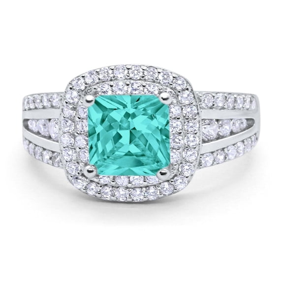 Halo Art Deco Ring Princess Cut Paraiba Tourmaline CZ 925 Sterling Silver Size 7