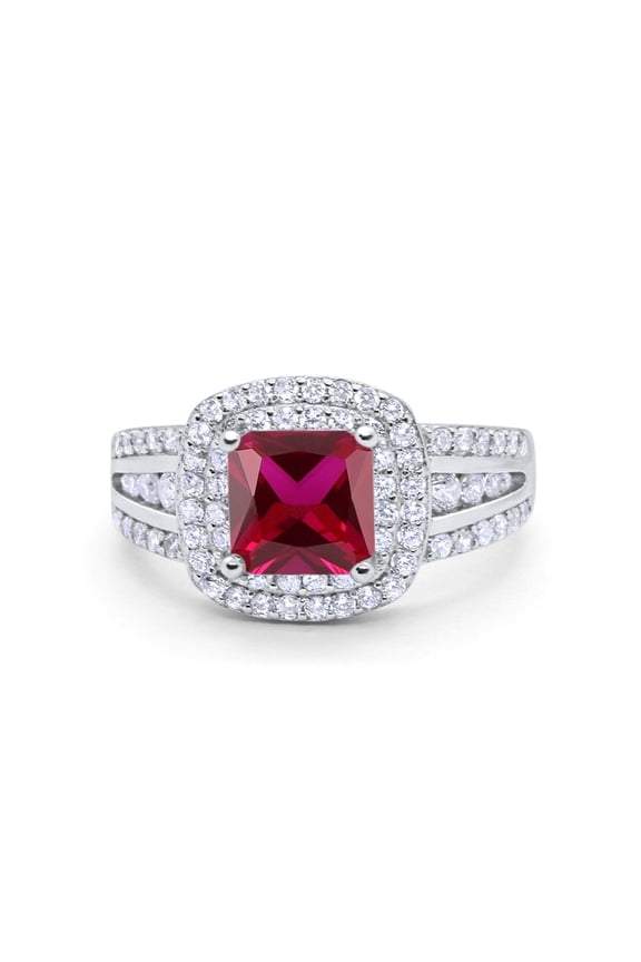 Halo Art Deco Ring Princess Cut Ruby CZ 925 Sterling Silver Size 7