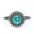 thumbnail image 1 of Halo Art Deco Round Ring Black Tone Paraiba Tourmaline CZ 925 Sterling Silver Size 9, 1 of 6