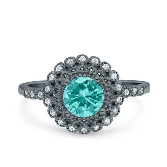 Halo Art Deco Round Ring Black Tone Paraiba Tourmaline CZ 925 Sterling Silver Size 9