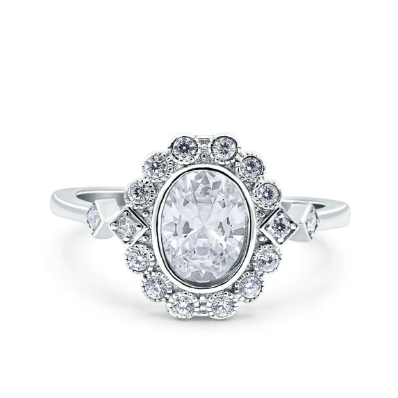 Halo Art Deco Wedding Ring Oval Simulated Cubic Zirconia 925 Sterling Silver Size 8