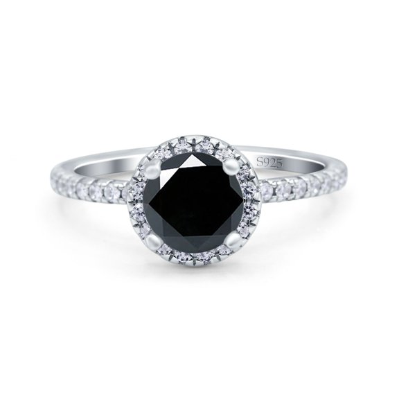 Halo Art Deco Wedding Round Ring Black CZ 925 Sterling Silver Size 6