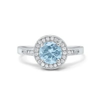 Halo Art Deco Women Wedding Ring Round Aquamarine Cubic Zirconia 925 Sterling Silver Size 4.