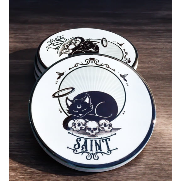 Halo Black Cat Saint And Skulls Ceramic Coaster Set of 4 Tiles With Cork Backing
