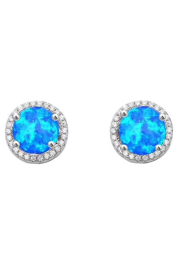 Halo Blue Simulated Opal And Cubic Zirconia Earrings Sterling Silver