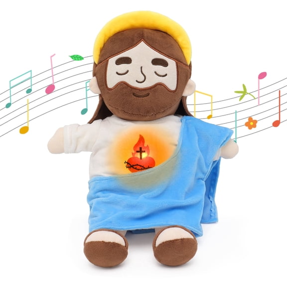 Halo Breathing Jesus Plush Doll Sacred Heart Jesus Doll Sound And Light, Christian Religious Toy For Church Prayer Home Decoration Baptism Easter Christmas Kid Gifts-Blue