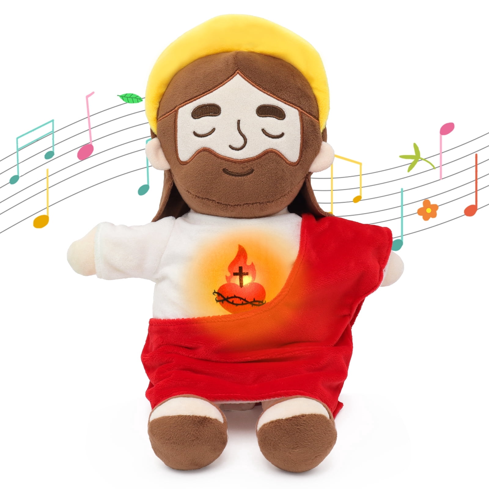 Halo Breathing Jesus Plush Doll Sacred Heart Jesus Doll Sound And Light, Christian Religious Toy For Church Prayer Home Decoration Baptism Easter Christmas Kid Gifts-Red