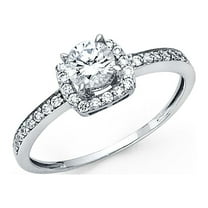 Halo CZ Engagement Ring 14k White Gold Anniversary Round Solitaire Band Bridal CZ Side Stones Size 7