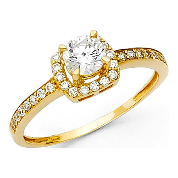 Halo CZ Engagement Ring 14k Yellow Gold Anniversary Round Solitaire Band Bridal CZ Side Stones Size 8.5