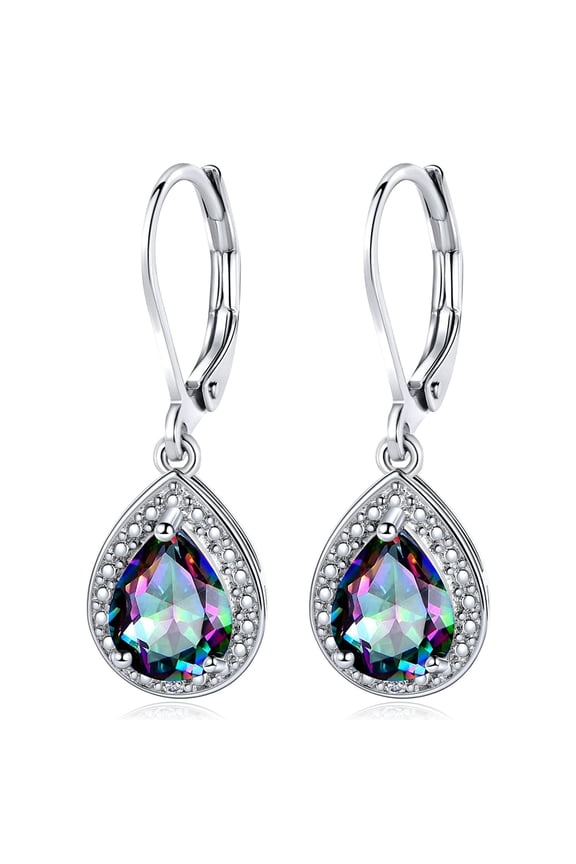 Halo CZ Teardrop Leverback Earrings Simulate Rainbow Quartz Mystic Topaz Cubic Zirconia Wedding Unique Dangly Earings Bride Hypoallergenic Jewelry Valentines Day Gifts Mother Daughter