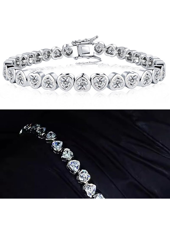 Halo Classic Round Cut Cubic Zirconia Heart Link Tennis Bracelet in 18K Yellow Gold/White Gold Plated| Fine Jewelry for Women 7/8 Inch | Gift Box Included