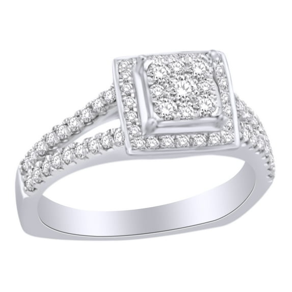 AFFY Halo Cluster Split Shank Style 0.7 Cttw Round Cut White Diamond Engagement Ring In 14K Solid White Gold