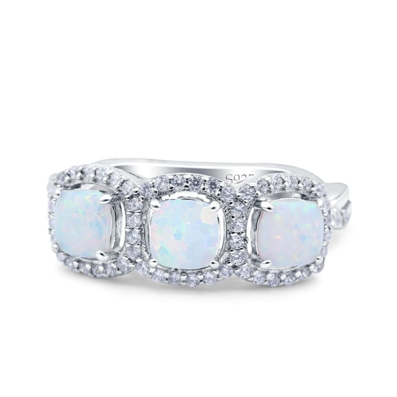 Halo Cushion Art Deco Three Stone Wedding Set Ring Lab Created White Opal 925 Sterling Silver Size 9