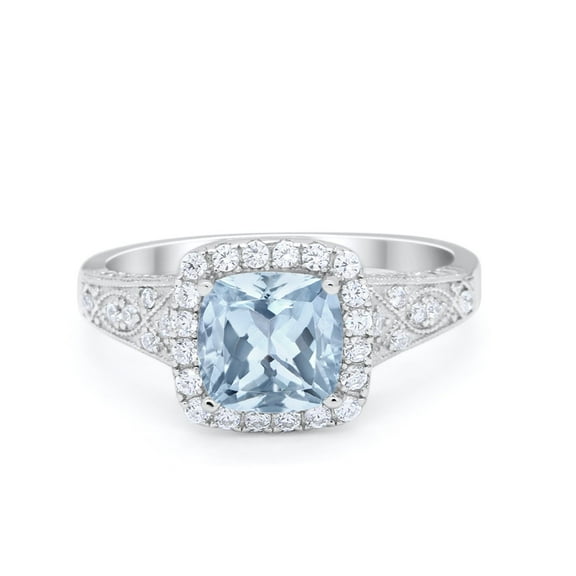 Halo Cushion Bridal Ring Round Aquamarine CZ 925 Sterling Silver Size 5