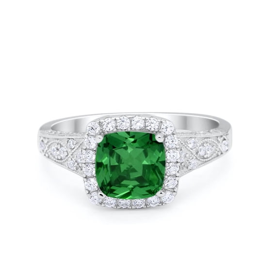 Halo Cushion Bridal Ring Round Green Emerald CZ 925 Sterling Silver Size 5