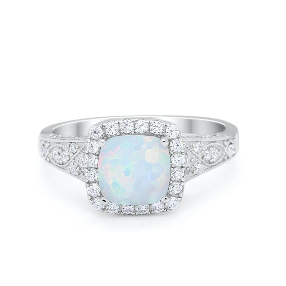 Halo Cushion Bridal Ring Round Lab Created White Opal 925 Sterling Silver Size 9