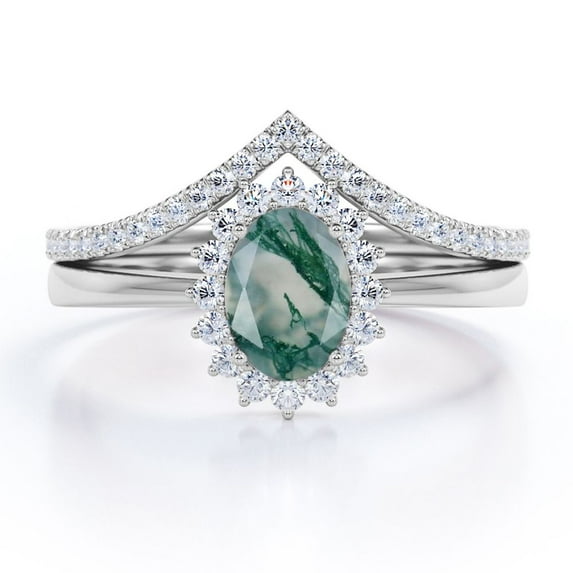 Halo Design - 1.5 Carat Egg Shaped Transparent Banded Moss Green Agate and Moissanite - V Shape Pave Wedding Ring Set - 18K White Gold Plating over Silver