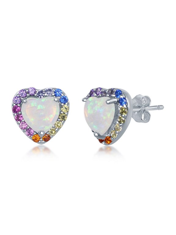 Halo Designed Created White Opal Heart/Round with Rainbow Multi-Colored Cubic Zirconia Sterling Silver Stud Earrings Jewelry for Women or Teens