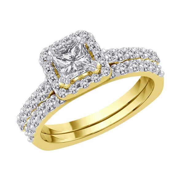 Halo Diamond Engagement Ring with Euro Shank Band Princess Cut Center in 14K Yellow Gold(1 1/4 cttw)
