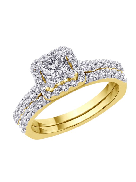 Halo Diamond Engagement Ring with Euro Shank Band Princess Cut Center in 14K Yellow Gold(1 1/4 cttw)