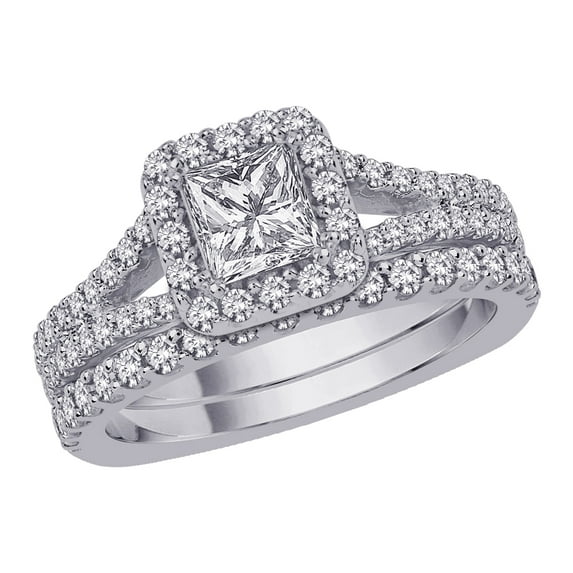 Halo Diamond Engagement Set with Princess Cut Center Diamond in 14K White Gold (1 1/2 cttw)