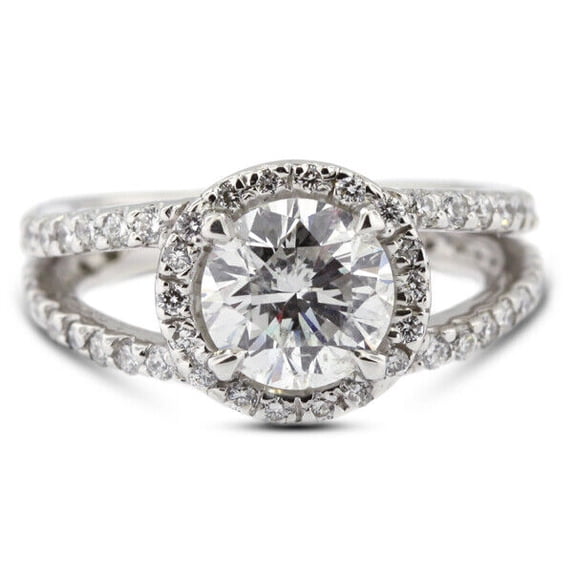 Halo Diamond Split Shank Engagement Ring 14K White Gold Over 2.1 Ct Diamond