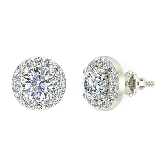 Halo Diamond Stud Earrings 14K White Gold 5.5 MM Round Brilliant Center (G,SI)