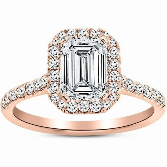 Halo Emerald Cut Diamond Wedding Engagement Ring For Women In 925 Sterling Silver 14K Rose Gold Plating