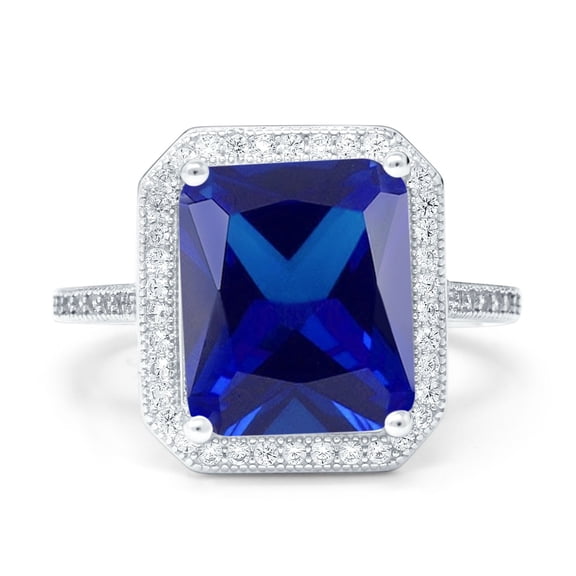 Halo Emerald Cut Engagement Ring Blue Sapphire CZ 925 Sterling Silver Size 8