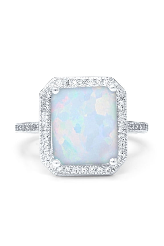 Halo Emerald Cut Engagement Ring Lab Created White Opal 925 Sterling Silver Size 5