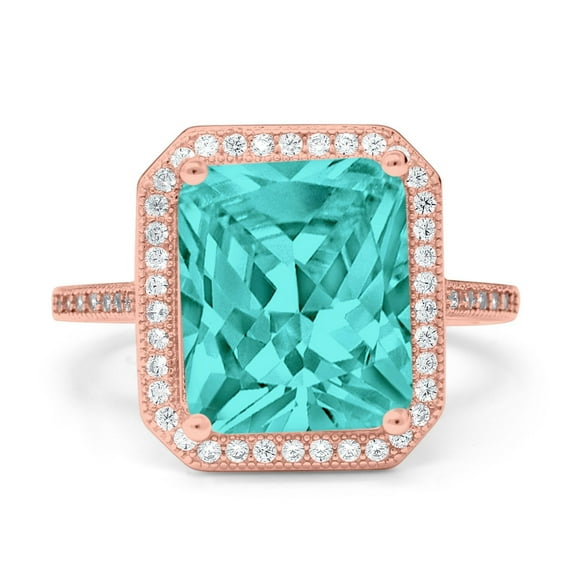 Halo Emerald Cut Engagement Ring Rose Tone Paraiba Tourmaline CZ 925 Sterling Silver Size 10