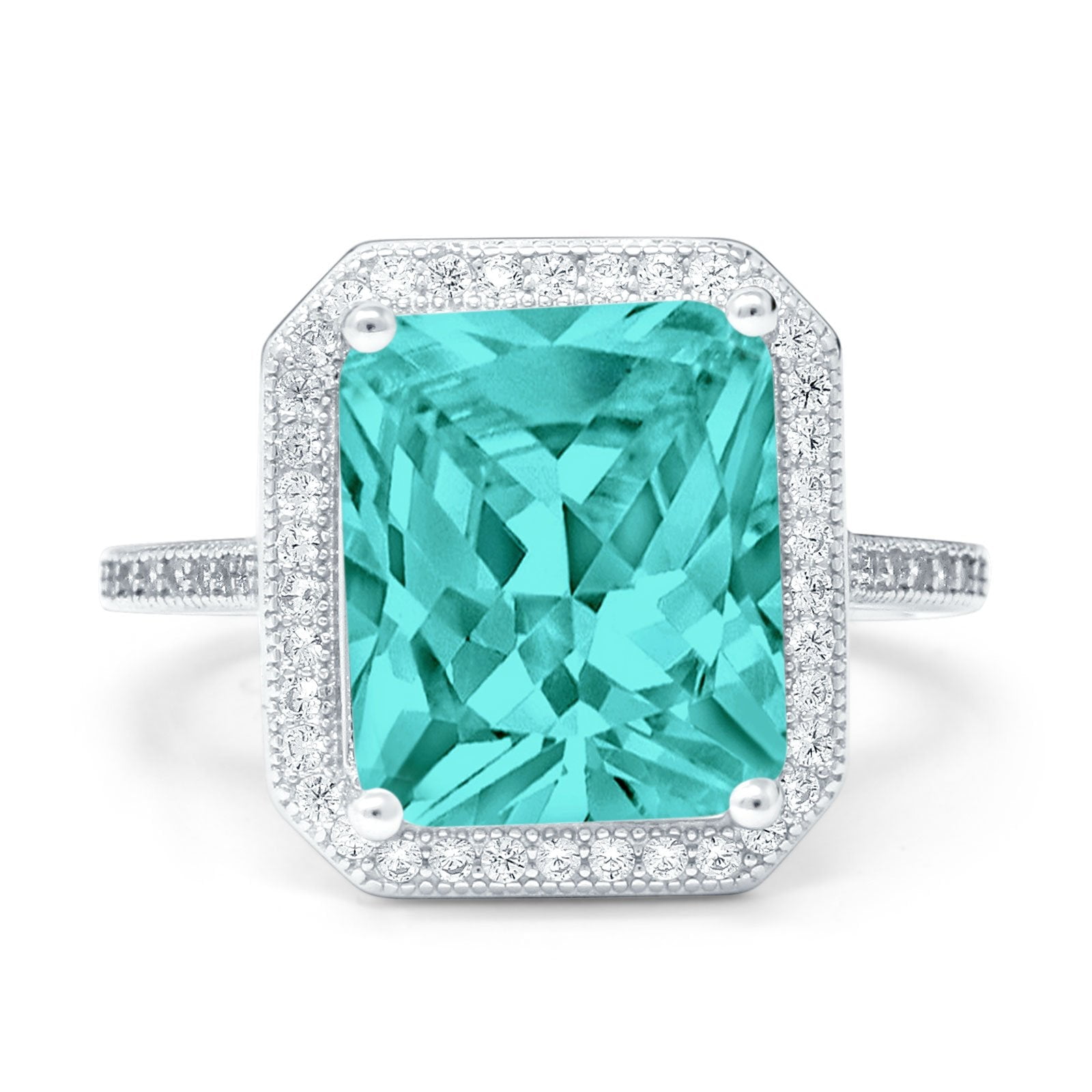 Halo Emerald Cut Ring Simulated Paraiba Tourmaline CZ 925 Sterling