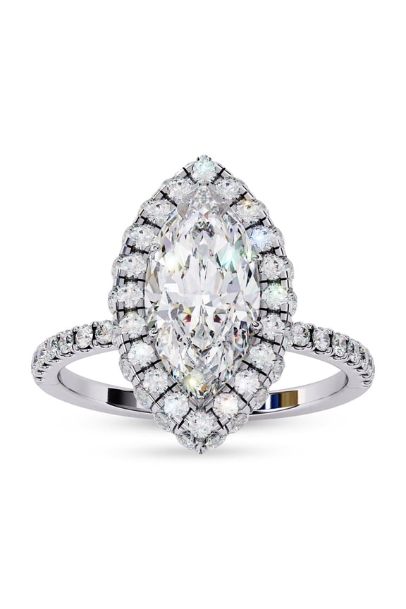 Halo Engagement Promise Rings for Women | Center 12X6mm Marquise Cut Lab Created Moissanite Solitaire Promise Rings for Her in 10K Solid White Gold, Ring Size 5