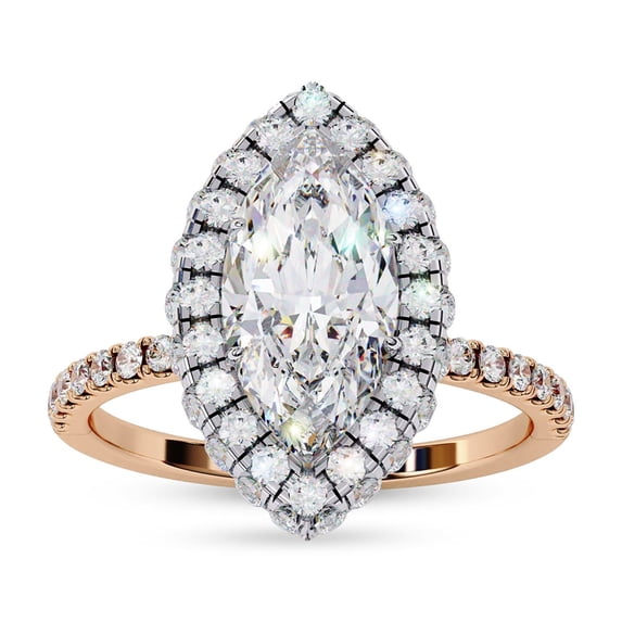 Halo Engagement Promise Rings for Women | Center 12X6mm Marquise Cut Lab Created Moissanite Solitaire Promise Rings for Her in 14K Solid Rose Gold, Ring Size 7