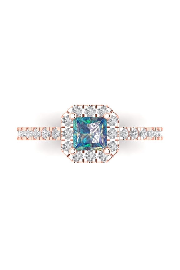 Halo Engagement Ring for Women - 0.89ct Blue Moissanite in 18K Rose Gold Promise Ring