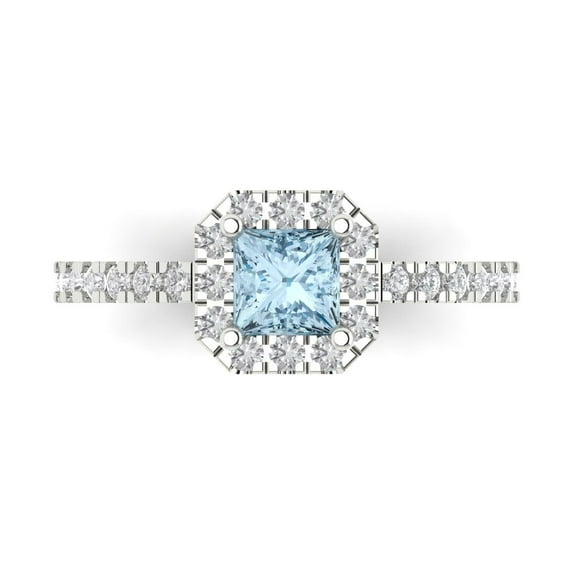 Halo Engagement Ring for Women - 0.89ct Natural Aquamarine in 14K White Gold Promise Ring