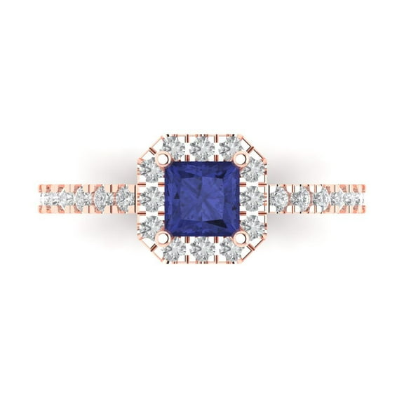 Halo Engagement Ring for Women - 0.89ct Simulated Tanzanite in 18K Rose Gold Promise Ring
