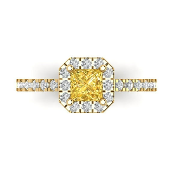 Halo Engagement Ring for Women - 0.89ct Simulated Yellow Diamond in 18K Yellow Gold Promise Ring
