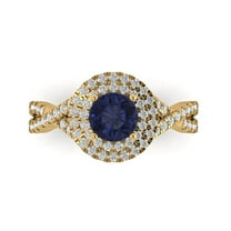 Halo Engagement Ring for Women - 1.3125ct Simulated Blue Sapphire in 18K Yellow Gold Promise Ring