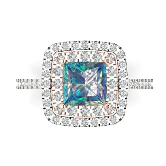 Halo Engagement Ring for Women - 2.07ct Blue Moissanite in 18K White/Rose Gold Promise Ring
