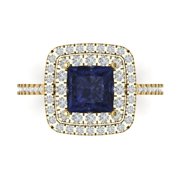 Halo Engagement Ring for Women - 2.07ct Simulated Blue Sapphire in 14K Yellow Gold Promise Ring