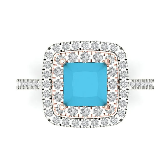 Halo Engagement Ring for Women - 2.07ct Simulated Turquoise in 14K White/Rose Gold Promise Ring