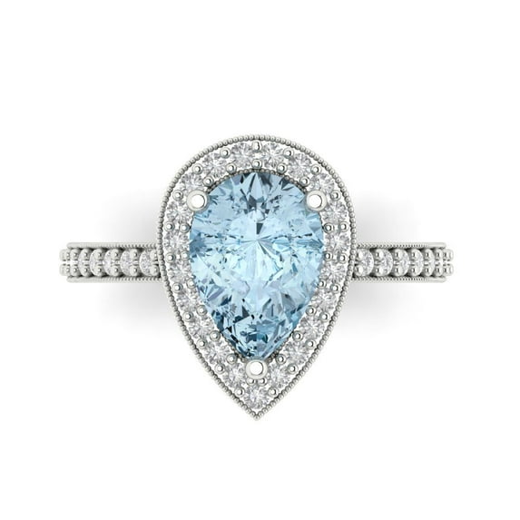 Halo Engagement Ring for Women - 2.36ct Natural Swiss Blue Topaz in 18K White Gold Promise Ring