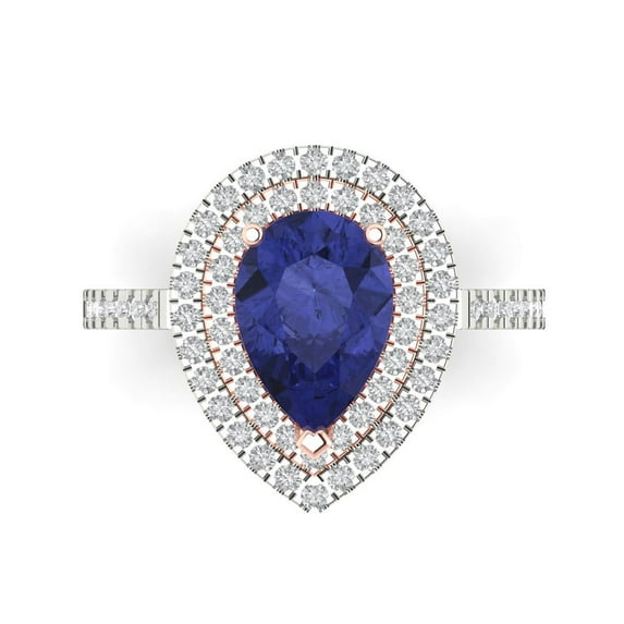 Halo Engagement Ring for Women - 2.48ct Simulated Tanzanite in 14K White/Rose Gold Promise Ring
